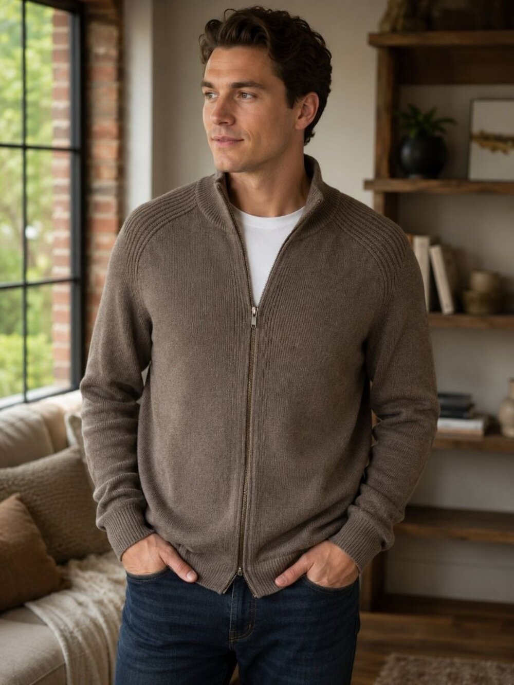 Gap Men's Full Zip Mock Neck Ribbed Knit Sweater Jacket Brown 100% Cotton Size M